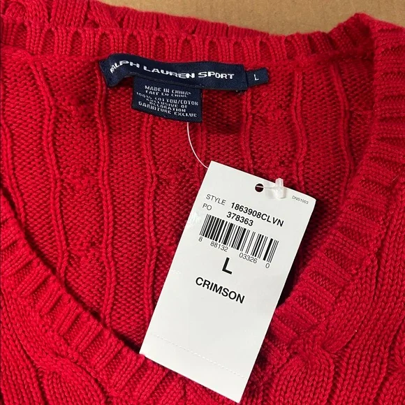 Ralph Lauren Sport Crimson Red Cable Knit V-Neck Sweater Preppy Size Large NWT - Picture 5 of 7